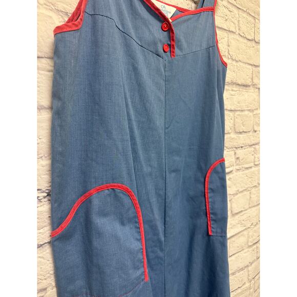 Sears At Home Wear Vintage Blue & Red House Dress Pockets SZ M/L (PTP 21") - Picture 2 of 4